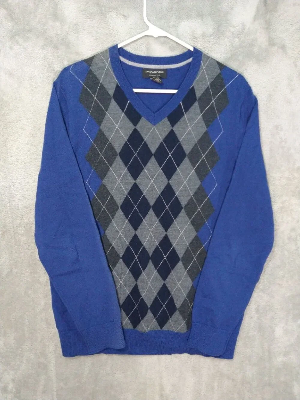 Banana Republic Sweater Mens Large Blue Argyle Merino Wool V Neck Pullover